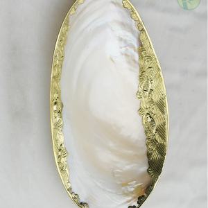 Mother of Pearl Dish Vietnam – Handmade Polished Seashell Dish with Brass Rim and Stand