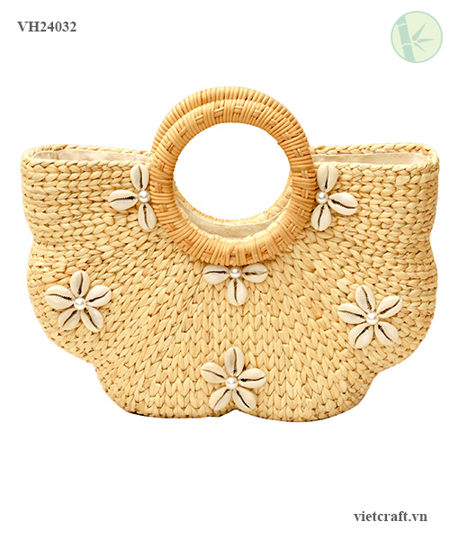 Handcrafted Water Hyacinth Handbag with Seashell Embellishments from Vietnam