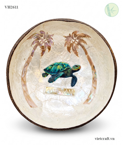 Handcrafted Coconut Shell Bowl with Inlaid Mother of Pearl from Vietnam