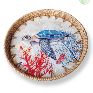Handcrafted Sea Turtle Rattan Tray with Mother-of-Pearl Base